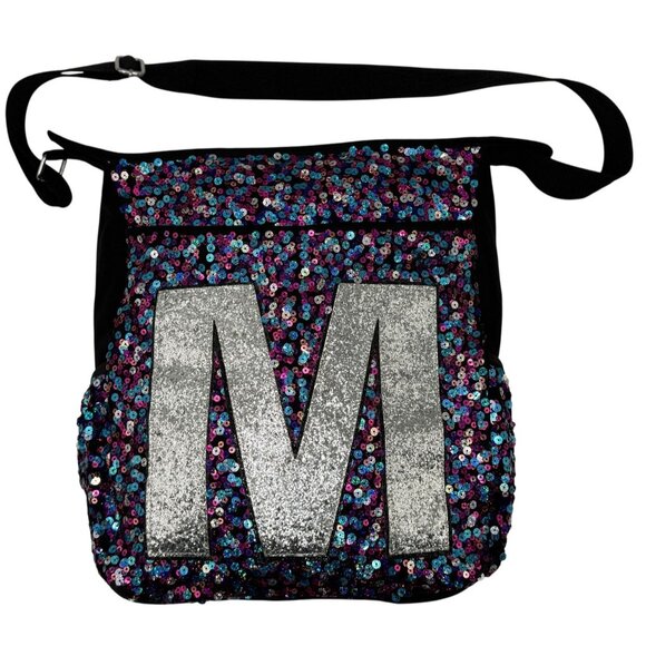 Justice Girls Womens Cross Body Book Bag SEQUIN Backpack Letter Initial M - Picture 4 of 10